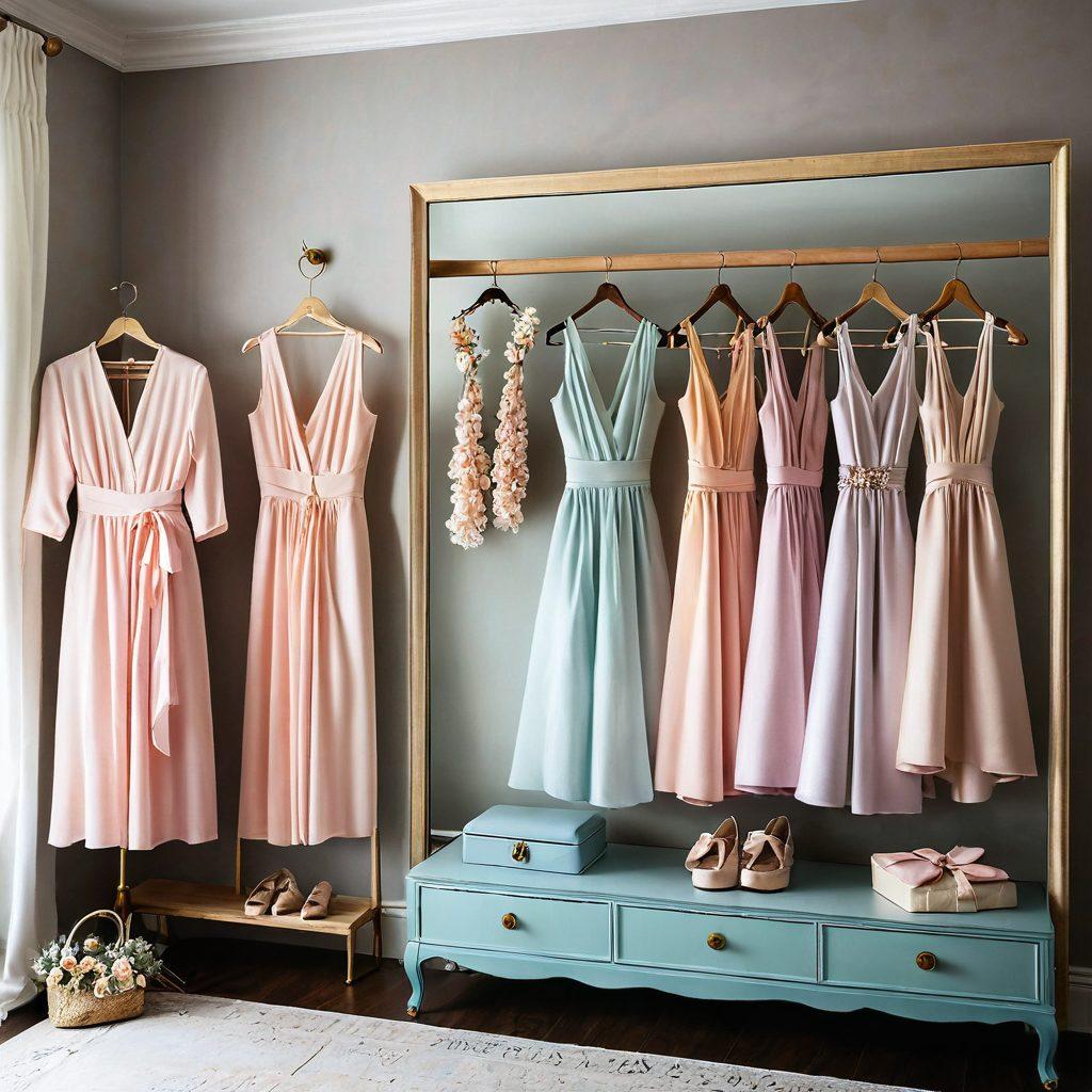 A stylish wardrobe scene featuring elegant dresses with modern cuts, hanging gracefully on vintage wooden hangers. Incorporate soft pastel colors with a few bold accessories, like statement necklaces and shoes, elegantly placed nearby. Include a gleaming full-length mirror reflecting the attire, surrounded by delicate flowers for a touch of femininity. The atmosphere should evoke a sense of sophistication and warmth. super-realistic. vibrant colors. soft lighting.
